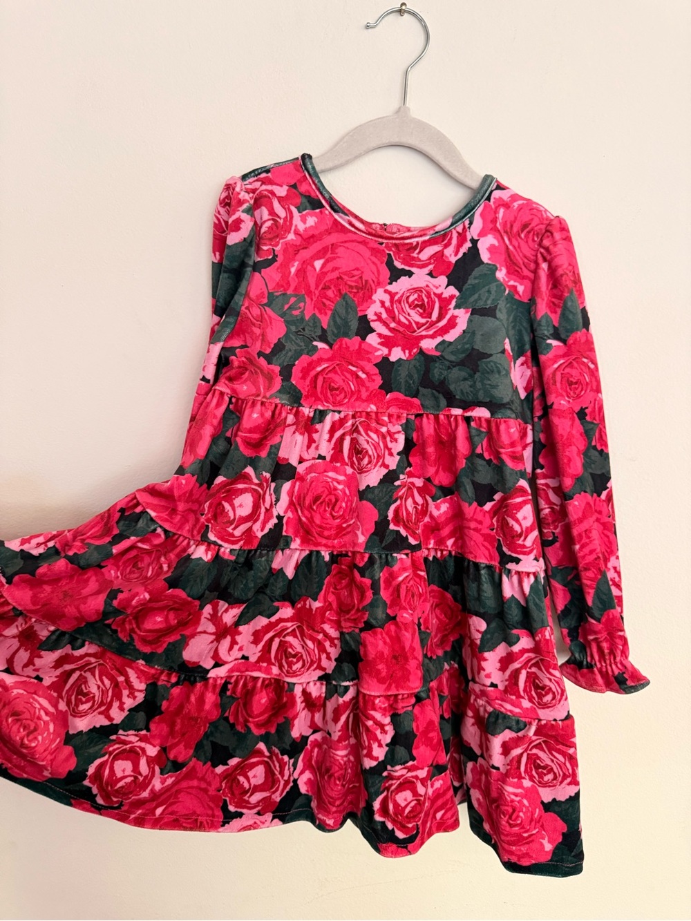 Girls 5t Velvet Rose Tiered Long-Sleeve Dress - Pink and Green Long Sleeve
